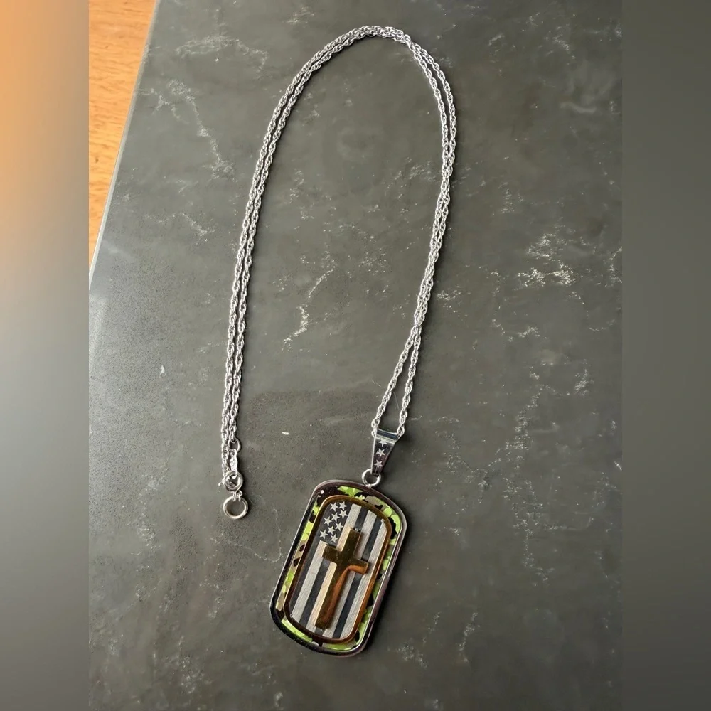 Silver Chain with American Flag  Cross Dog Tag Pendant